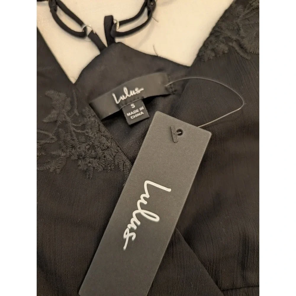 Lulus‎ Fun Affair Black Floral Embroidered Tassel Wrap Midi Dress  S